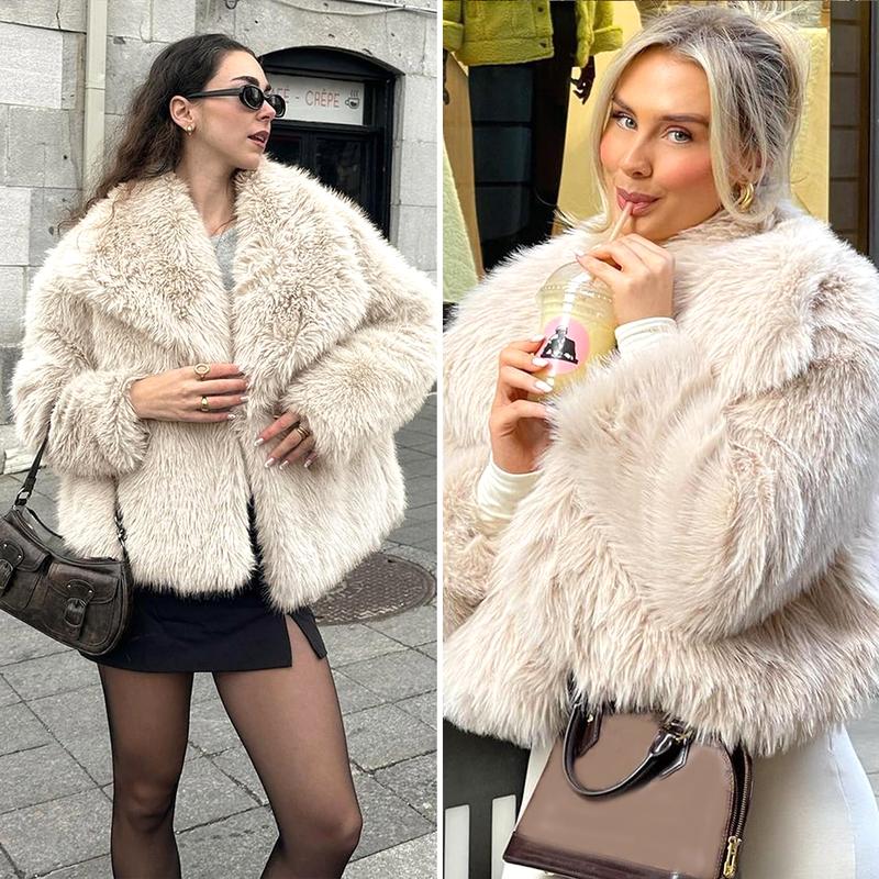 Buenoble Women's Brown Faux Fur Coat Winter Fluffy Short Jacket Warm Fuzzy Oversized Outwear Top Shaggy Collar Full Lining Short Jacket with Side Pockets