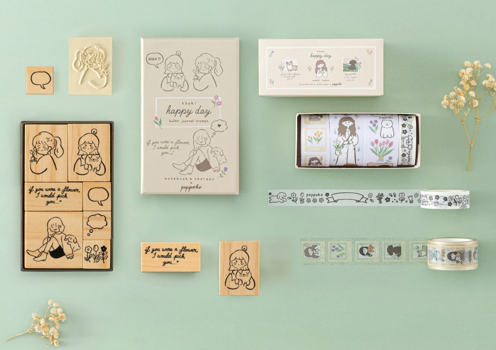 Tsuki Happy Day flatlay with washi tape and stamp set