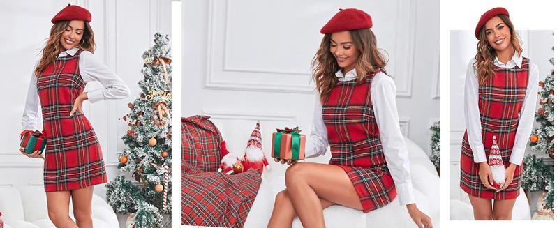 Women's Plaid Christmas Dress Mini Sleeveless Round Neck A Line Short Xmas Party Dresses