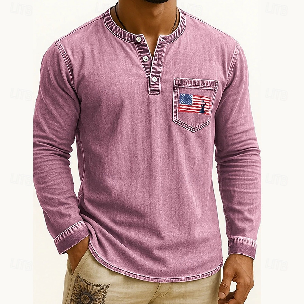 Men's Henley Shirt Tee Tee Top Long Sleeve Shirt Long Sleeve Henley Fall Winter Flag Retro Fashion Designer Fashion Vintage Vacation Street Going out Dark Brown Navy Black Top Tee for Men 2025 - $35.99 –P10
