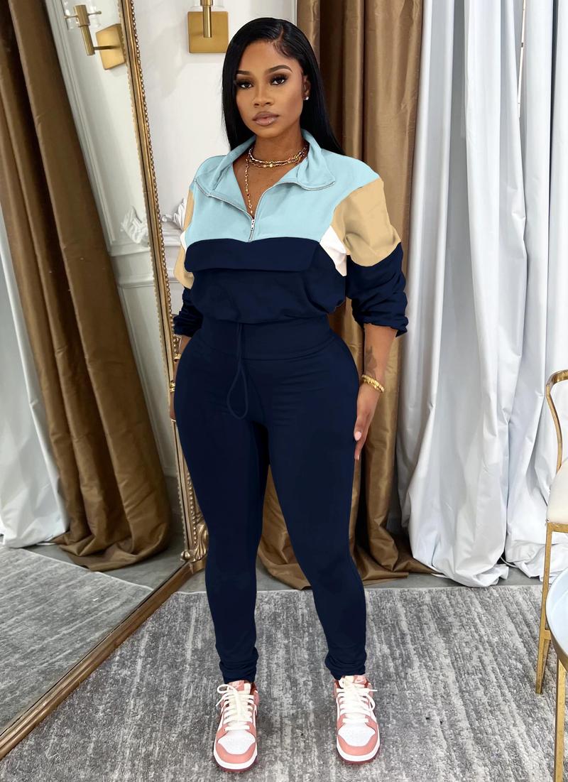 USBoutique Chic Women's Two Piece Outfits Knit Zip Top Jacket & Elastic Waistband Pant Tracksuit Sets 2-piece Pink Blue Colorblock