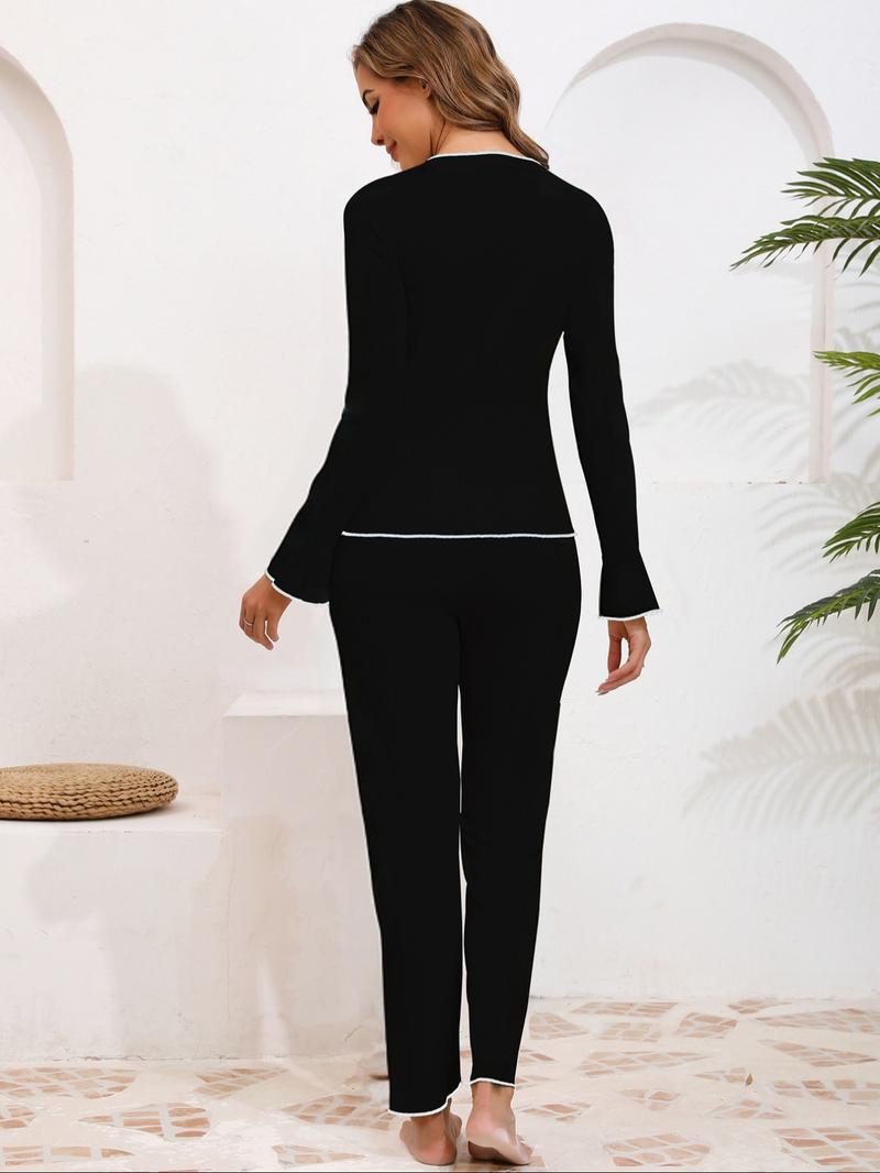 Women's Bow Decor Long Sleeve Top & Pants Pajama Two-piece Set, Casual Comfy Top & Trousers Set, Women's Sleepwear for Spring & Fall