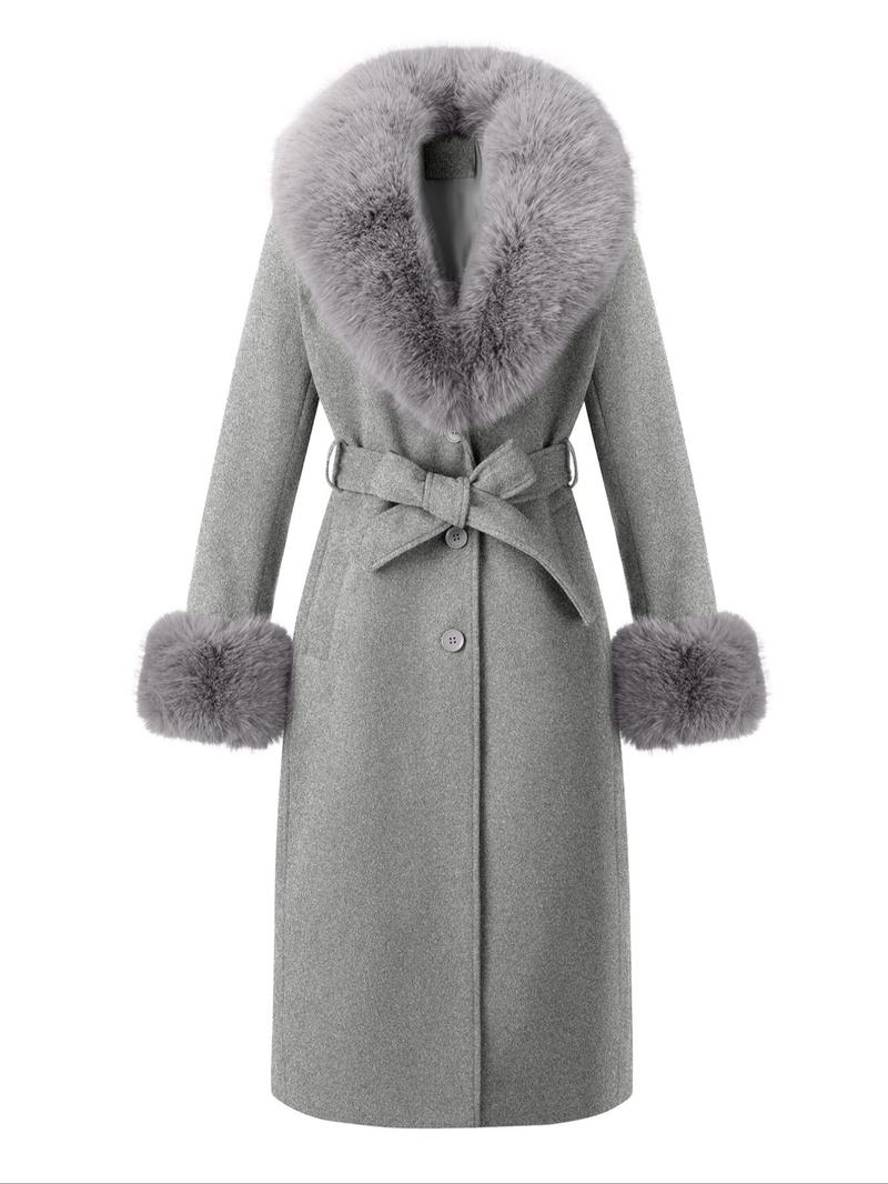 Women's Fall Winter Mid-Length Plain Woolen Coat, Warm Fitted Jacket with Fur Collar, Waist Belt & Pockets, Casual Style