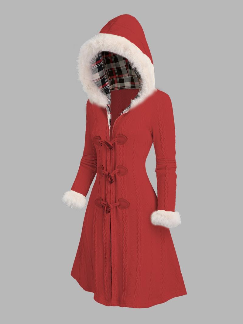 Women's Plain Contrast Faux Fur Trim Button Front Hooded Jacket, Casual Long Sleeve Outerwear for Fall & Winter, Ladies Clothes for Daily Wear