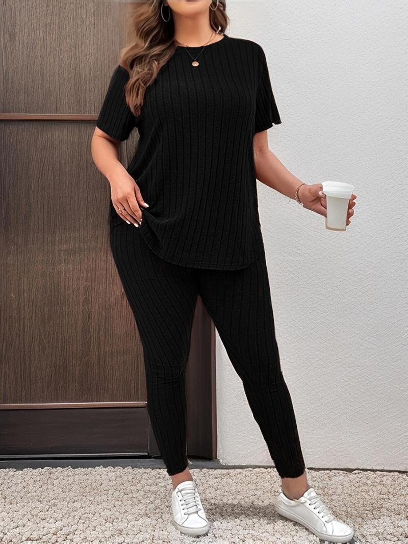 [Plus Size] Two-Piece Set Solid Drop Shoulder Top & Skinny Pants Ribbed Pajama Set, Casual Comfy Round Neck Long Sleeve Top & Trousers Set, Women's Sleepwear for Fall & Winter