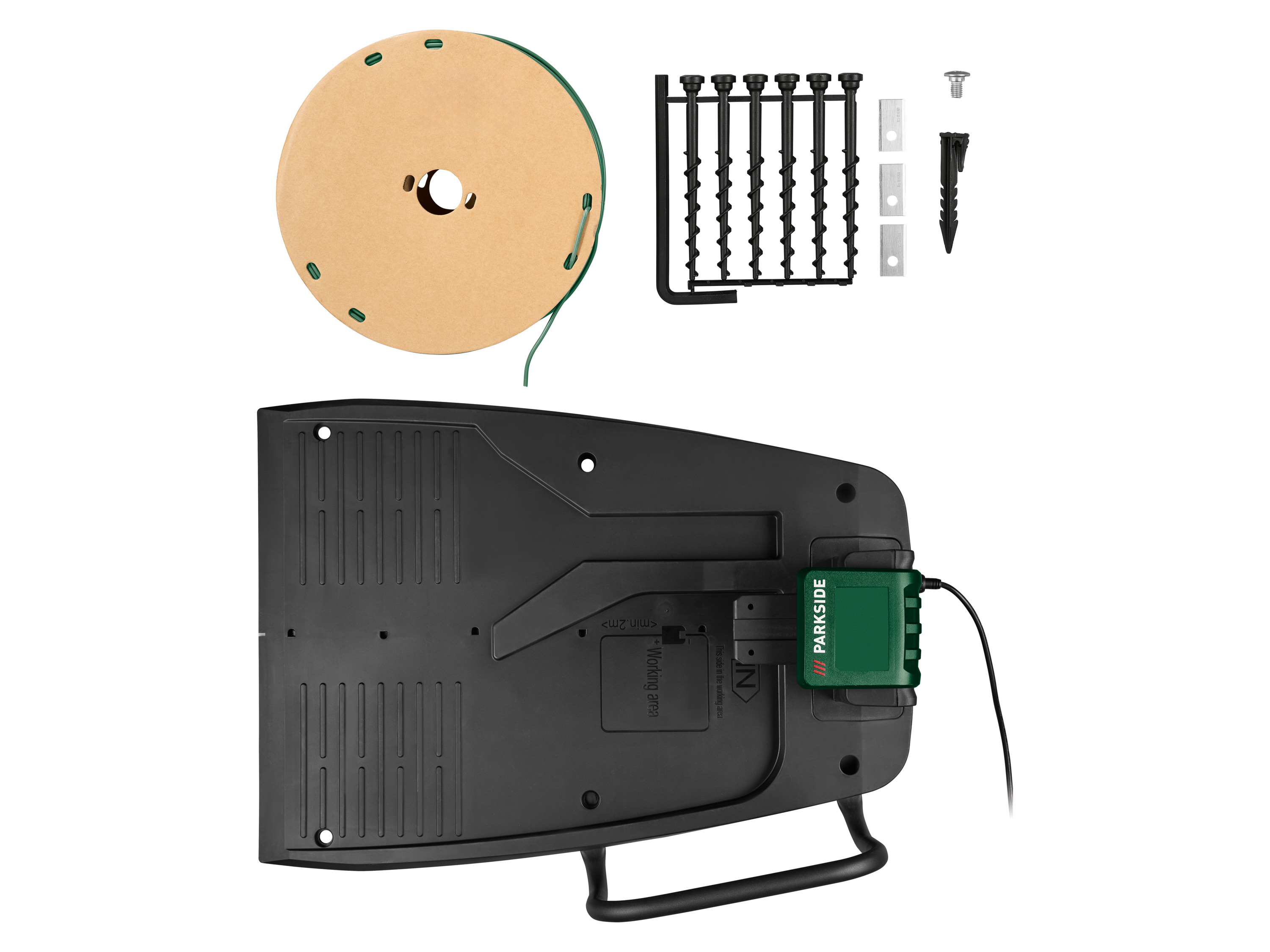 Outils Parkside, câble, fixations et ruban vert.
