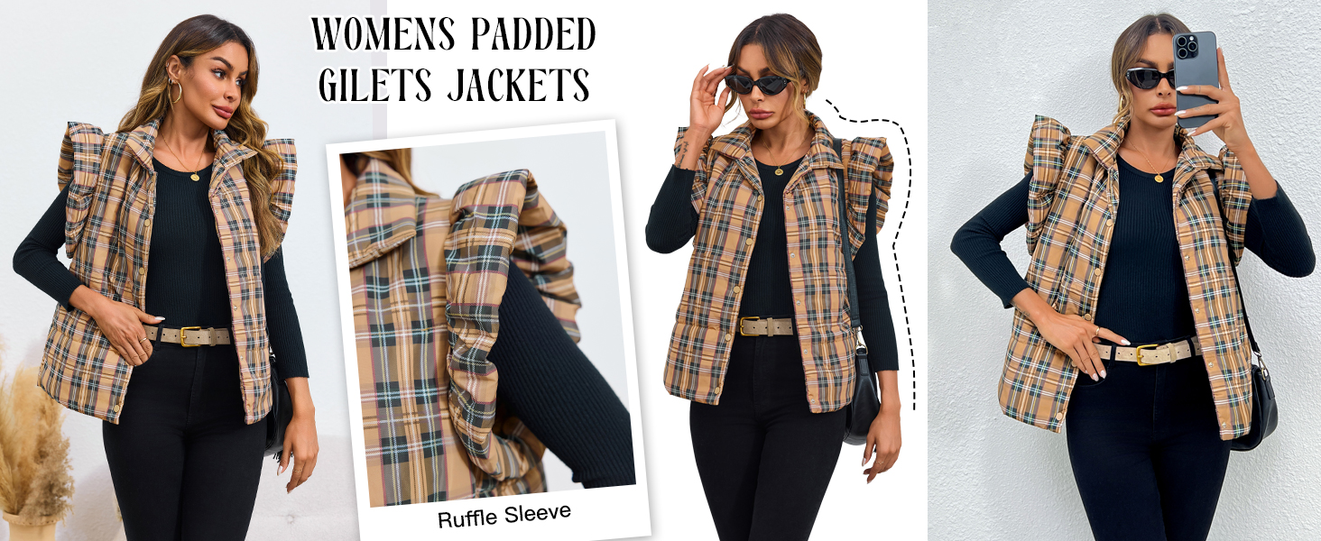 Womens Puffer Vests Outerwear Plaid Ruffle Sleeve Winter Button Down Sleeveless Padded Gilets