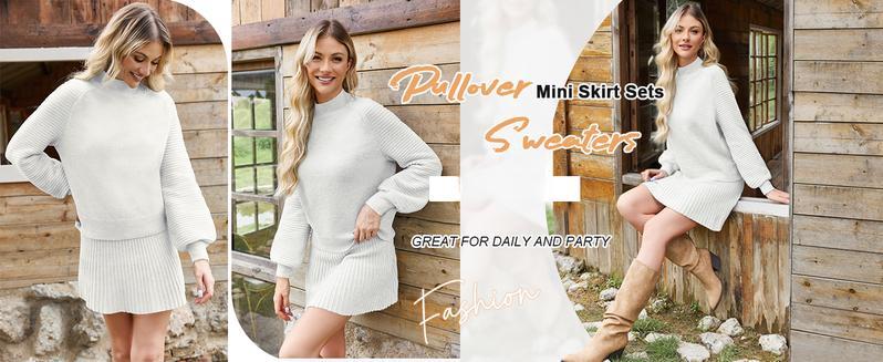 Women's 2 Piece Outfits 2025 Long Sleeve Mock Neck Ribbed Sweaters And Mini Skirt Two Piece Sets