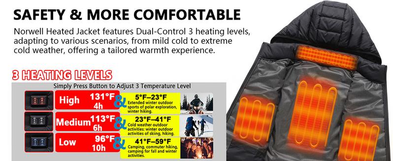 Norwell Heated Hoodie Jacket with 7.4V/3A 5000mAh Battery Pack, Dual Control 5Heat Zones LED Waterproof Comfort Basic Winter Clothes Men, Plus Size Women's Clothing - Black
