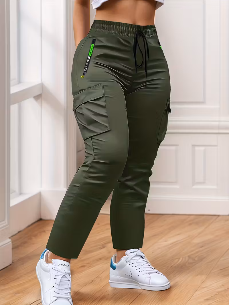 womens multi pocket cargo pants spring autumn thin style with zippered features and straight leg casual trousers for outdoor dates green 0