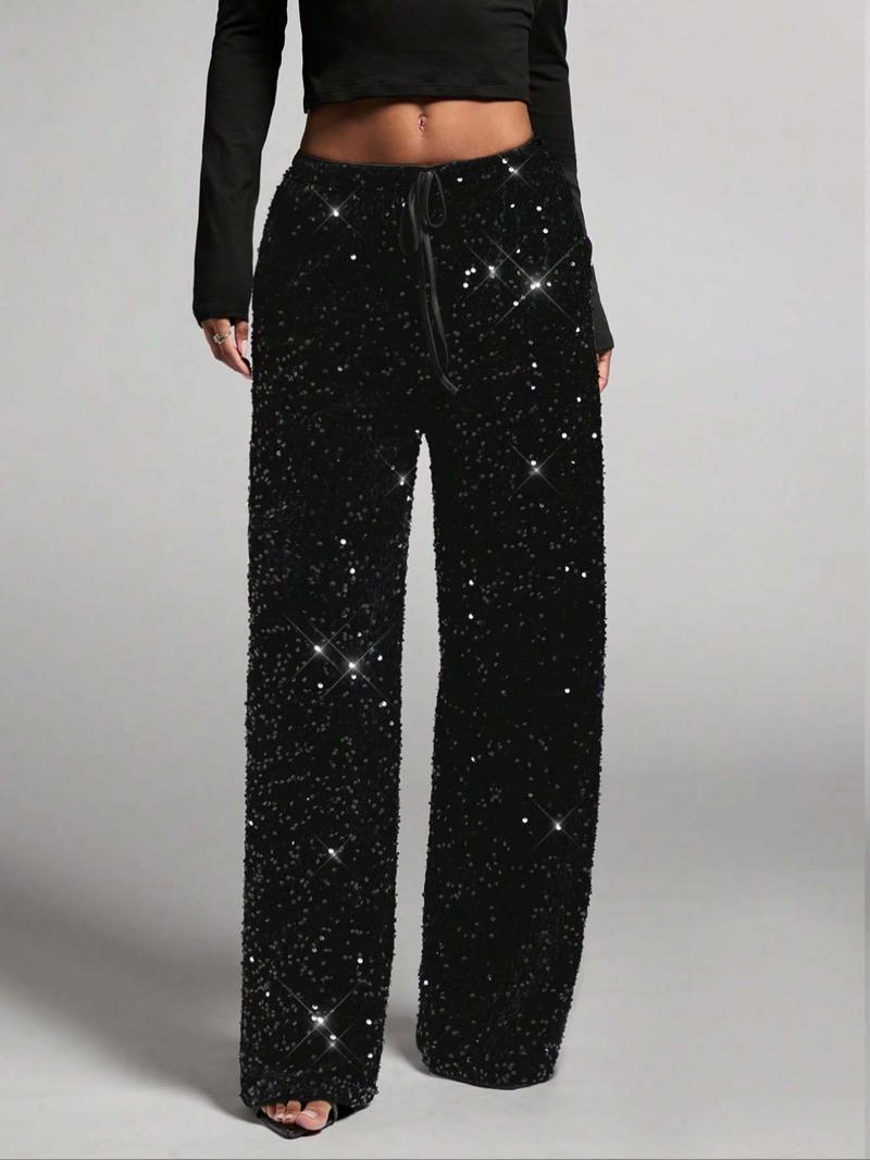 Women's Fashion Pants with Elastic Waistband, Bow Tie Design, Sequin Detailing, Stylish Long Trousers for Casual Wear