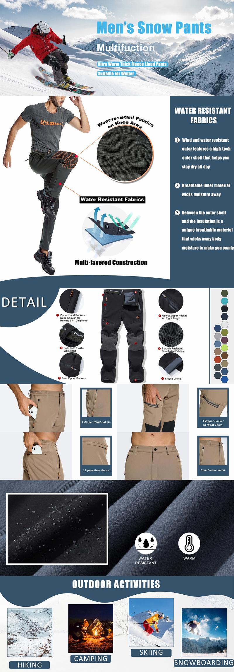 MAGCOMSEN Men's Winter Pants Fleece Lined Ski Snow Pants Water Resistant 4 Zip Pockets Outdoor Work Pants FallFreshness Outdoorfun