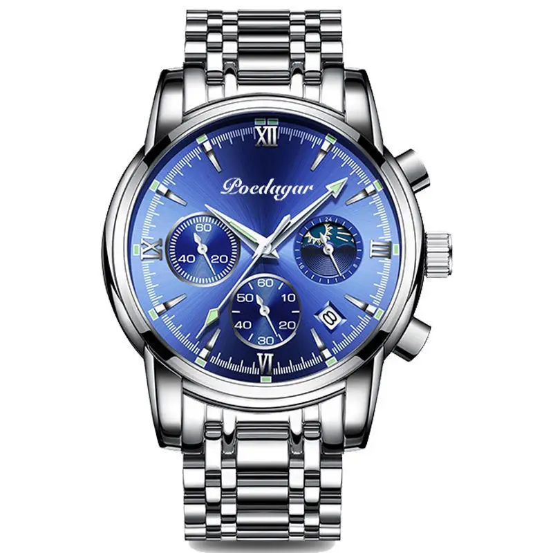 POEDAGAR 2021 Fashion Casual Mens Watches Top Brand Luxury Leather Blue Clock Male Sport Wristwatch Waterproof Quartz Watch