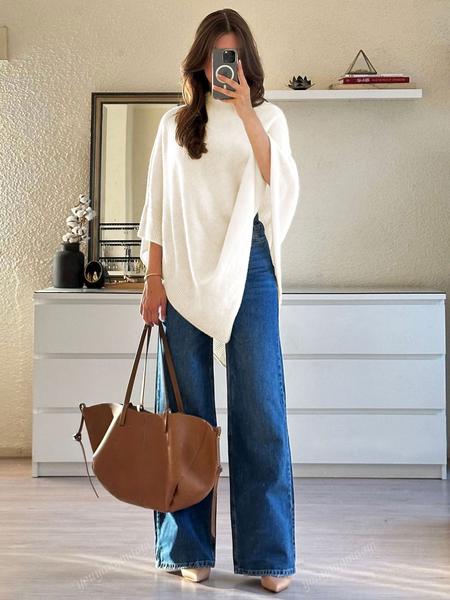 Women's Plain Loose Elegant Fashion Sweater Shawl, Fall & Winter Moderate Fabric Knit Wrap, Stylish Versatile Accessory for Ladies