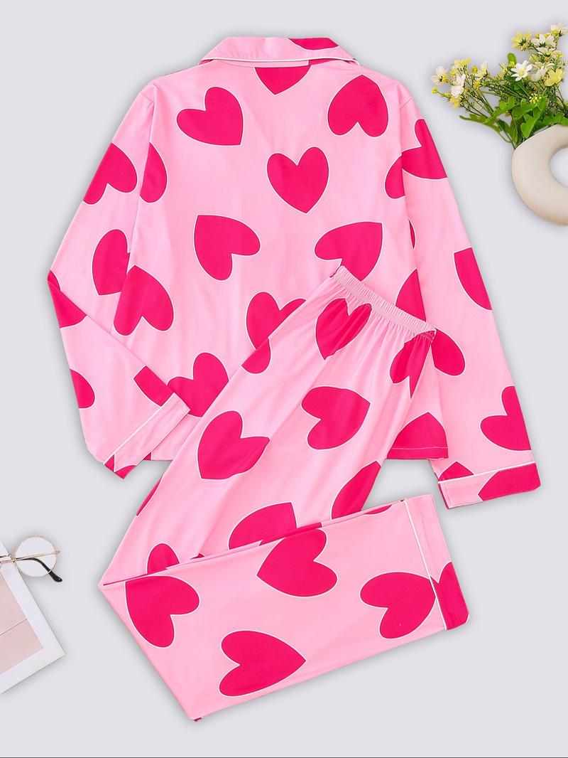 Two-piece Set Women's Bow Print Button Front Pocket Shirt & Elastic Waist Pants Pajama, Casual Comfy Long Sleeve Lapel Neck Top & Trousers Pj Set, Ladies Sleepwear for Spring & Fall