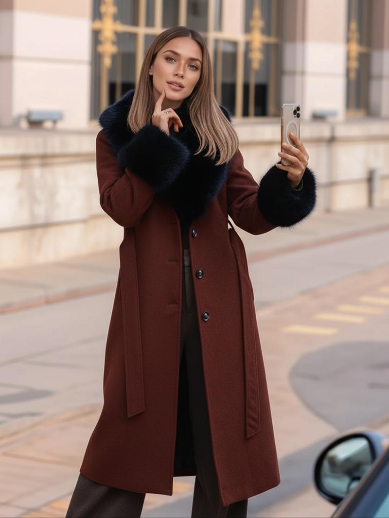 Women's Fall Winter Mid-Length Plain Woolen Coat, Warm Fitted Jacket with Fur Collar, Waist Belt & Pockets, Casual Style