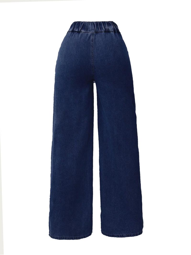 Women's Vintage Elegant High Waist Wide Leg Jeans, Button Front Elastic Waist, Plain Design, Casual Fashion Pants, All Seasons