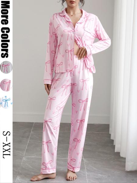 Women's Cute Bow Print Pajama Set, Fall & Winter Casual Homewear, Soft Elastic Fabric, Long Sleeve Shirt Collar Top & Pants, Womenswear