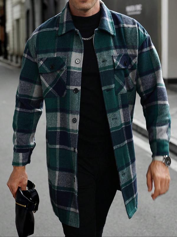 KZZ Men's plaid check long coat, with a buttoned lapel, loose fit, front button pockets, suitable for daily wear in autumn and winter, comfortable and warm, men's trench coat, autumn and winter.