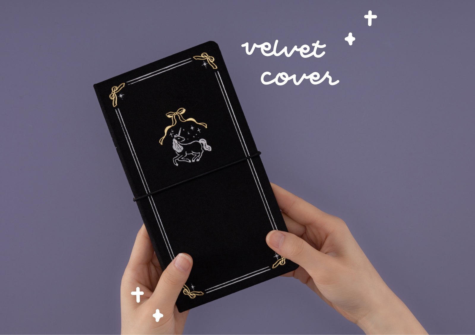 Flat lay of Tsuki Moonflower Magic Moonmist Meadow Travel Notebook with celestial-themed stationery and props.