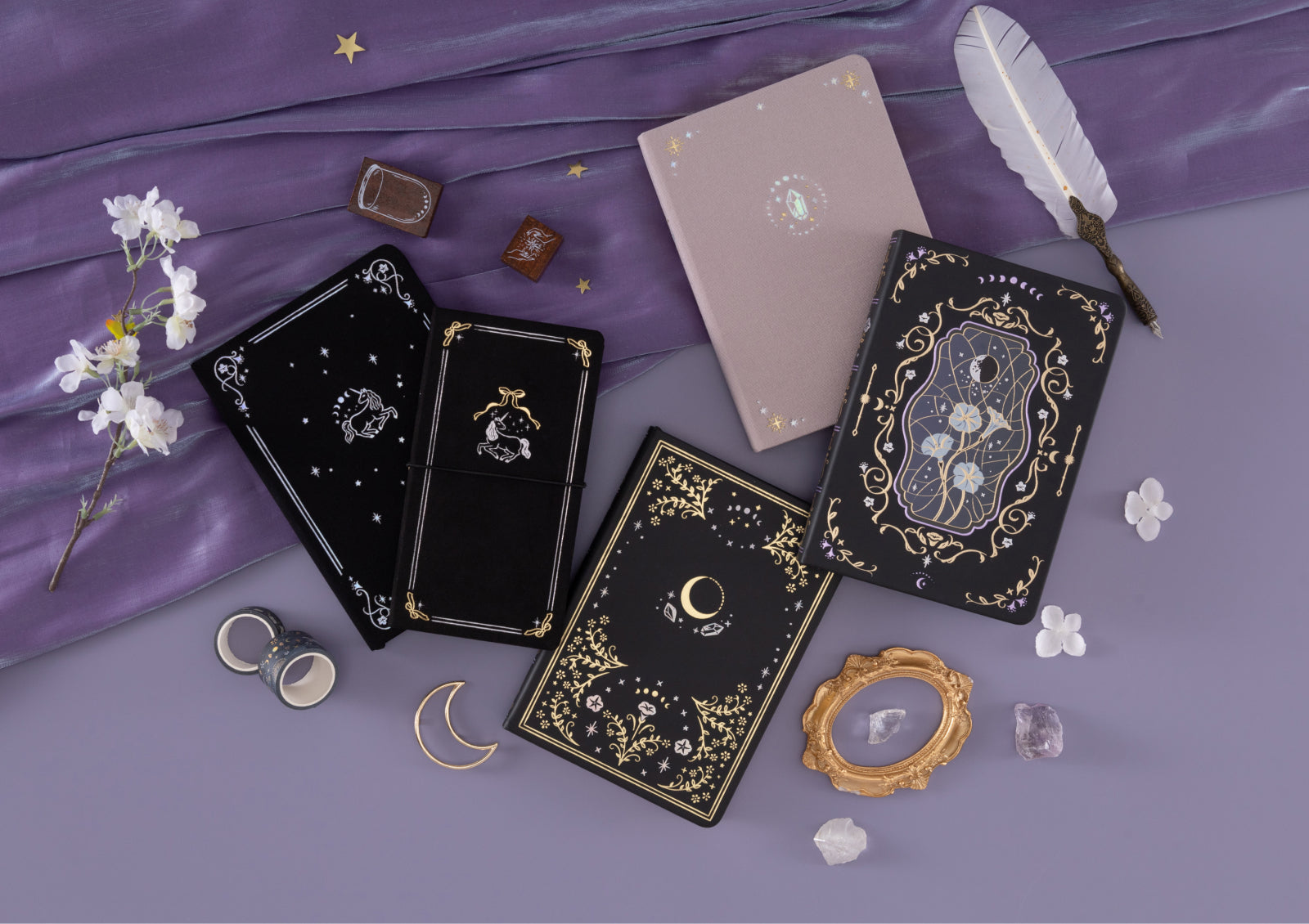 Notebook Therapy Tsuki Moonflower Magic Lunar Unicorn Notebook black edition open with decorated journaling spread.