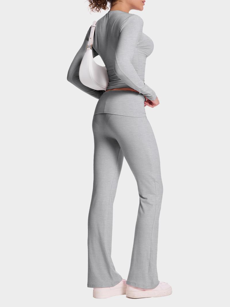 Women's two counts casual slim suit, including waist bell-bottoms and long-sleeved tops, is soft and can be worn outside, and Y2K style is matched with casual fashion.