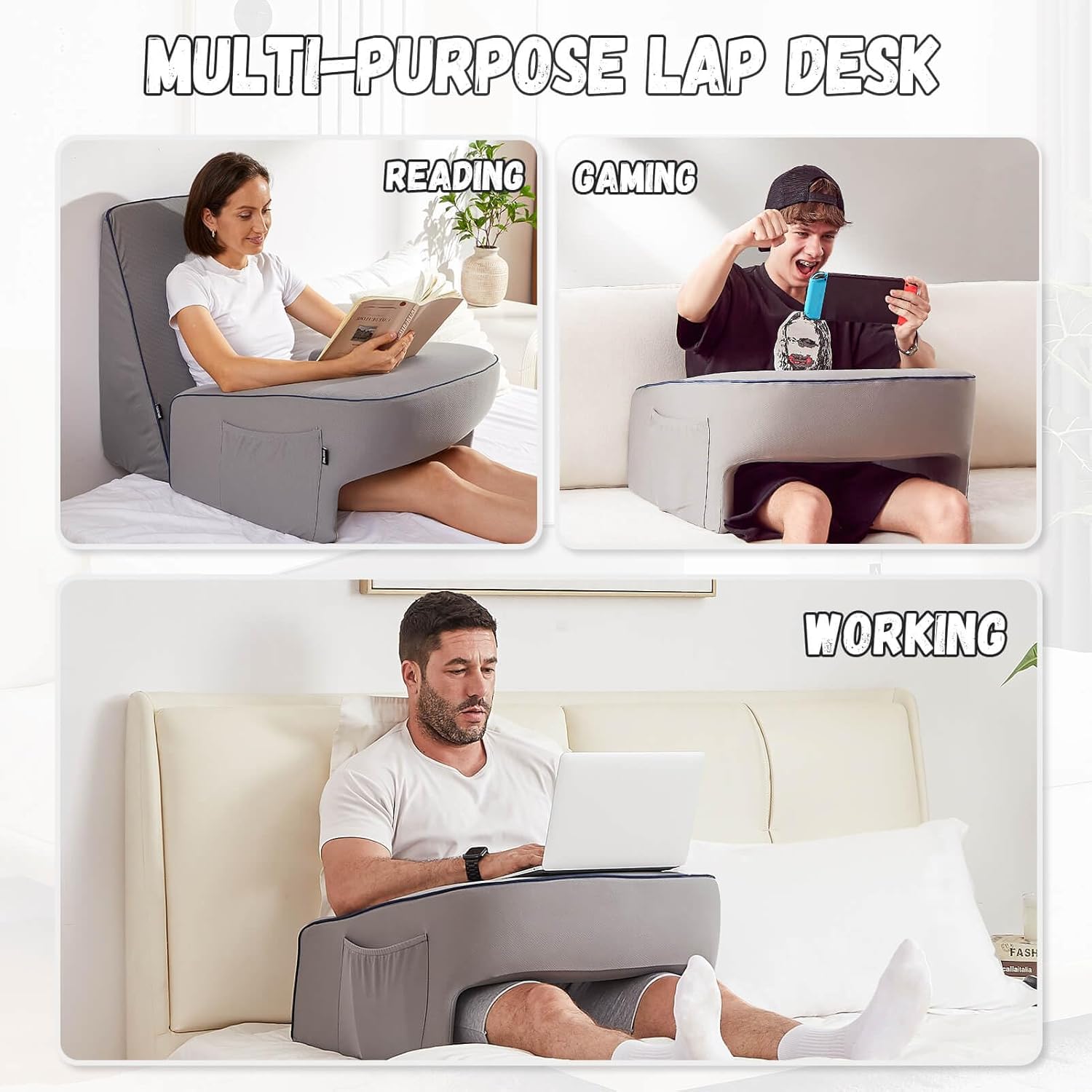 Reading Pillow for Gaming, Extra Large Laptop Pillow for Adult, Memory Foam Lap Desk Gaming Pillow for Reading, Working, Playing Steam Deck Switch or Sitting in Bed Floor Sofa(Grey)