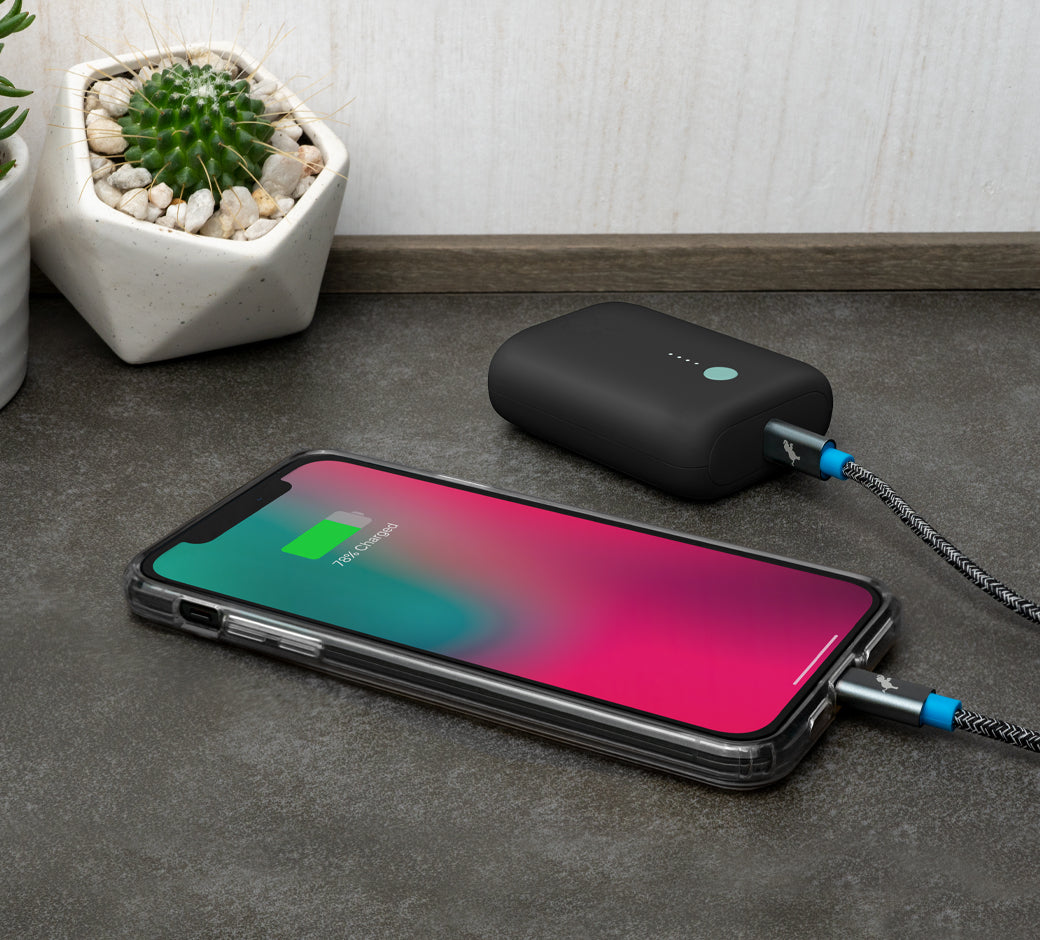Black power bank charging a smartphone with 78% battery, placed next to potted cacti on a dark surface.