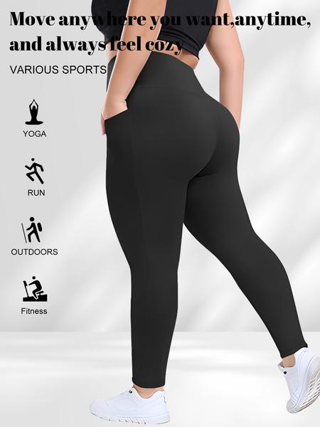 Plus Size Solid High Waist Leggings with Pocket, Summer Outfits, Casual High Stretch Skinny Pants for Women, Soft Comfortable Women's Bottoms for All Seasons