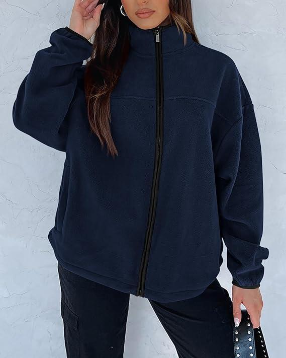 BTFBM Women's Zip Up Baggy Basic Fleece Jacket with Stand Collar and Pockets for Fall and Winter - Womenswear, Tops