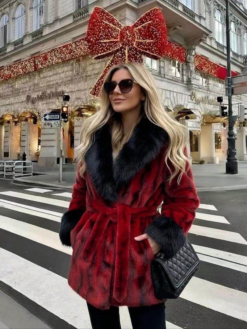 Women's Belted Faux Fur Coat, Winter Fashion Long Sleeve Coat with Pocket, Casual Warm Outerwear, Stylish Daily Wear, Perfect for Cold Weather