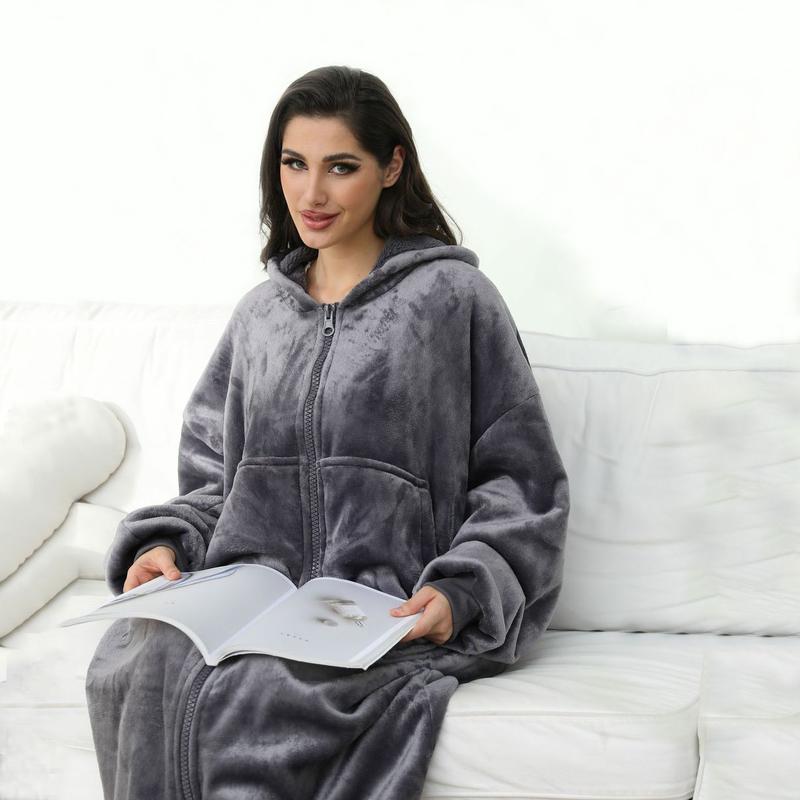 REDESS Flannel Sherpa Lined Pajamas Unisex Long Hooded Robe Zipper Front With Pockets Thick Warm for Fall Winter Nightwear Womenswear Loungewear Gowns Homewear
