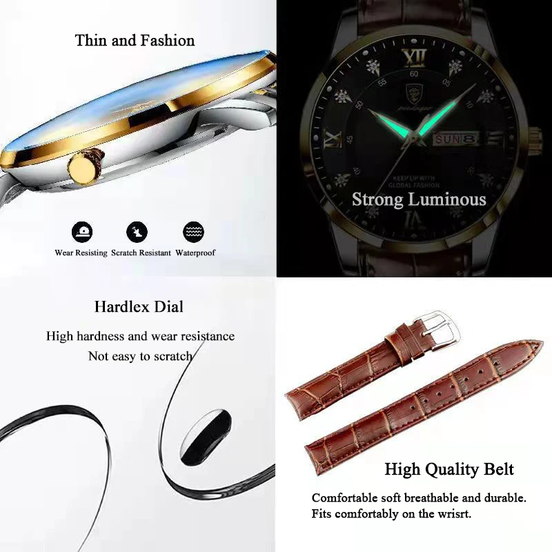 POEDAGAR Men's Fashion Ultra Thin Watches Top Quality Luxury Waterproof Luminous Date Week Leather Watch For Man Business Casual