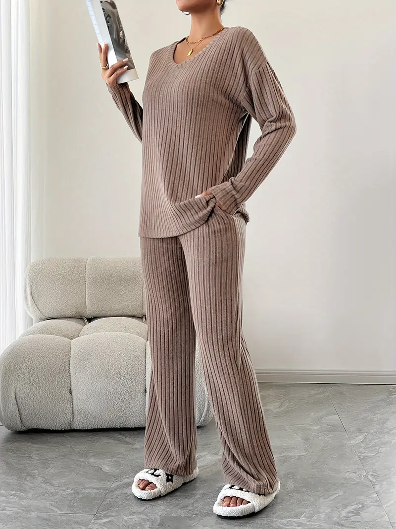 ribbed solid color knitted pantsuits casual drop shoulder long sleeve v neck top straight leg pants outfits womens clothing Product details 5