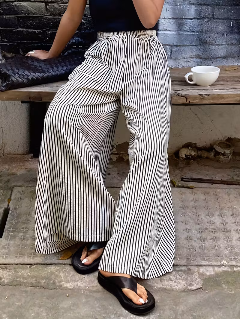 womens striped wide leg pants with elastic waist casual polyester machine washable high contrast vertical stripes comfortable   wear Product details 4