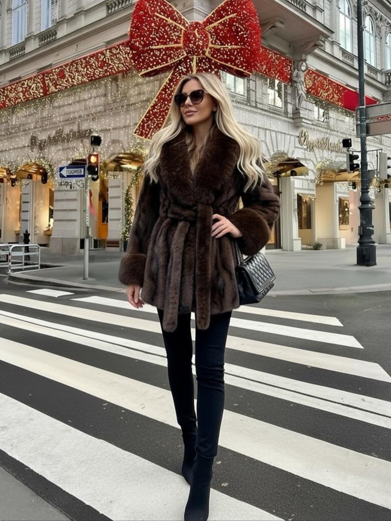 Women's Belted Faux Fur Coat, Winter Fashion Long Sleeve Coat with Pocket, Casual Warm Outerwear, Stylish Daily Wear, Perfect for Cold Weather