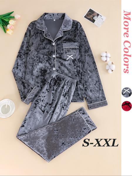 Women's Elegant Winter Pajama Set, Fitted Long Sleeve Button-Up Top & Warm Pants, Comfortable Home Wear for Cold Weather