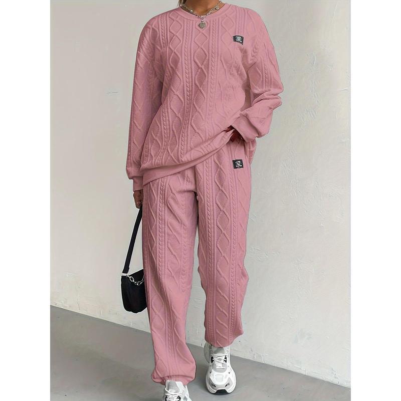 2026Women's Cozy Textured Pants Set - Soft Long Sleeve Crew Neck Sweatshirt, Comfortable Jogger Sweatpants Outfit, Casual Wear Daily Life, Suits Chic Womenswear Clothes Polyester2026