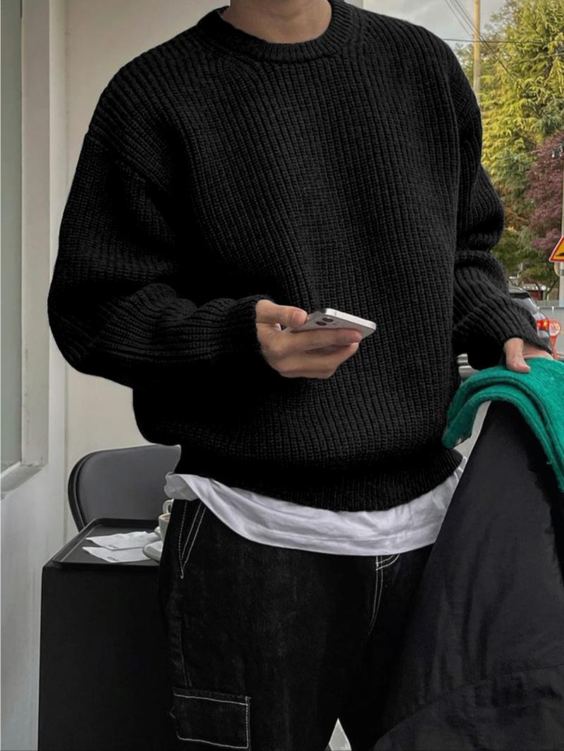 Men's Solid Drop Shoulder Cable Knit Sweater, Loose Casual Long Sleeve Round Neck Jumper for Fall & Winter, Fashion Men's Knitwear for Daily Wear