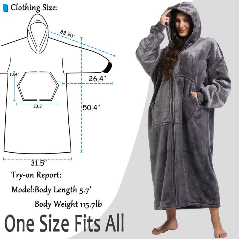 REDESS Flannel Sherpa Lined Pajamas Unisex Long Hooded Robe Zipper Front With Pockets Thick Warm for Fall Winter Nightwear Womenswear Loungewear Gowns Homewear
