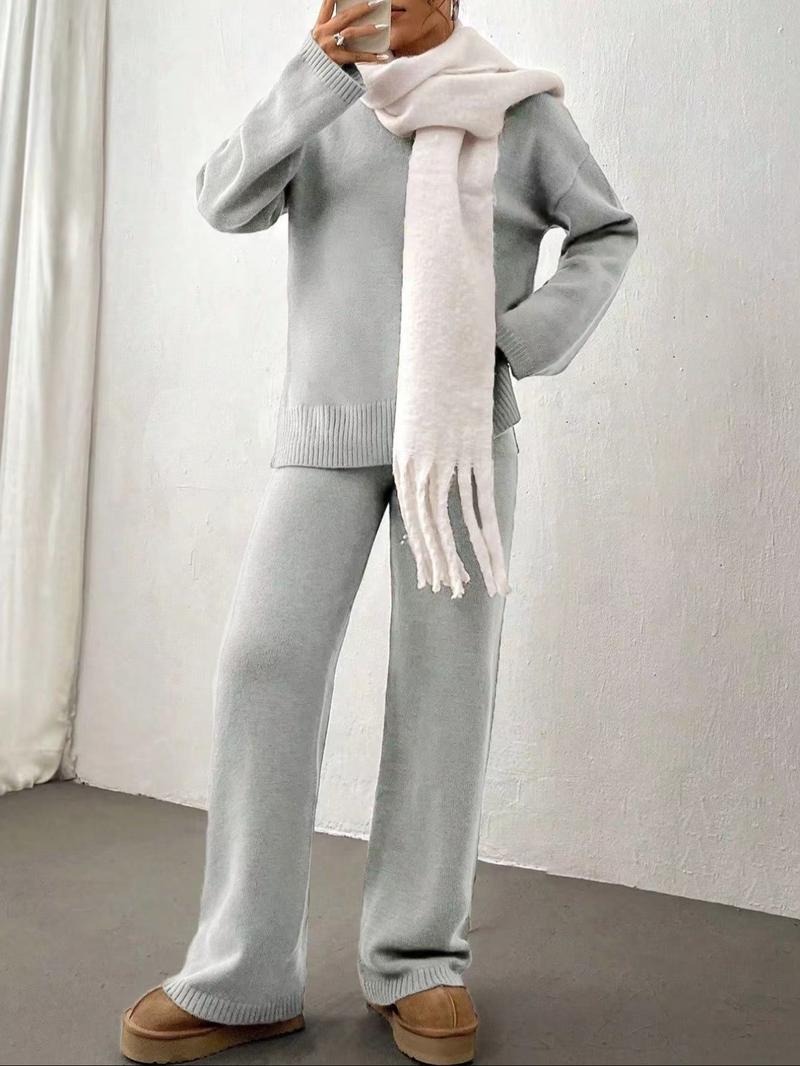 Women's Solid Drop Shoulder Split Hem Sweater & Elastic Waist Straight Leg Pants Two-piece Set, Casual Fashion Cozy Knitwear Set for Daily Outdoor Wear, Women Knitwear for Fall & Winter, Womenswear