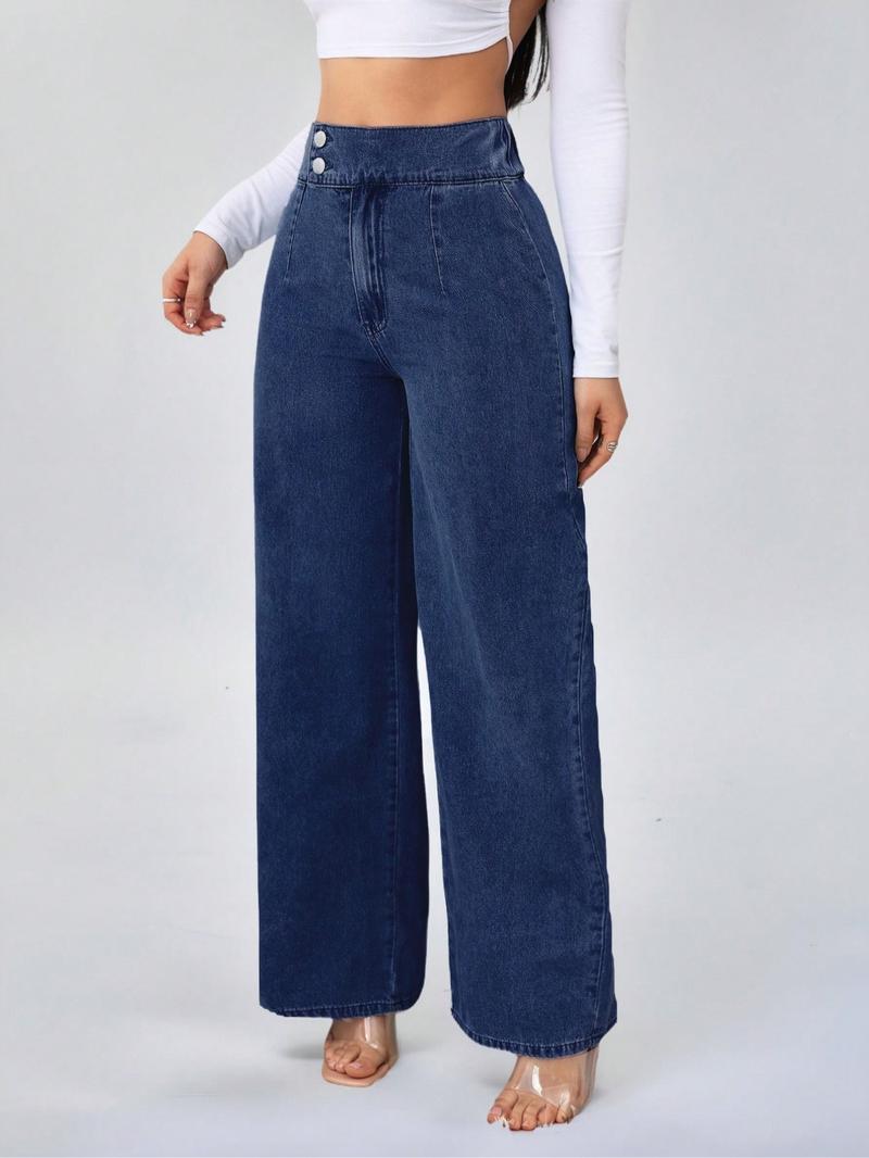 Women's Vintage Elegant High Waist Wide Leg Jeans, Button Front Elastic Waist, Plain Design, Casual Fashion Pants, All Seasons