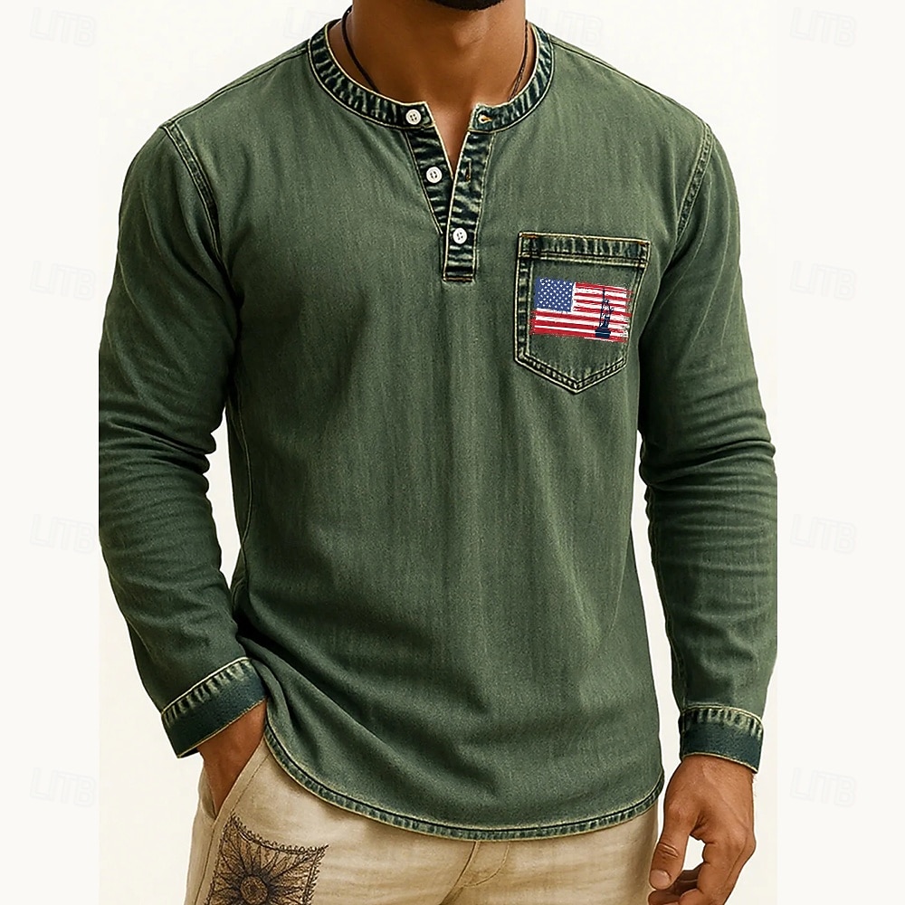 Men's Henley Shirt Tee Tee Top Long Sleeve Shirt Long Sleeve Henley Fall Winter Flag Retro Fashion Designer Fashion Vintage Vacation Street Going out Dark Brown Navy Black Top Tee for Men 2025 - $35.99 –P3