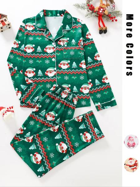Women's Christmas Pajama Set, Santa Claus Print Long Sleeve Sleepwear, Lightweight Button-Up Top & Pants, Casual Fitted Nightgown
