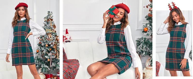 Women's Plaid Christmas Dress Mini Sleeveless Round Neck A Line Short Xmas Party Dresses