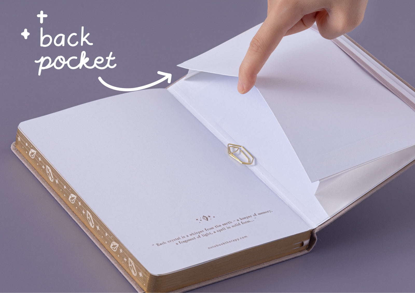 Tsuki Moonflower Magic Crystal Magic Notebook styled flat lay with pens, stickers, and celestial journaling tools.