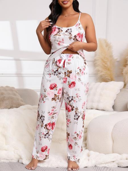 【Plus Size】 Three-Piece Set Floral Print Belted Lounge Robe & Cami Top & Elastic Waist Pants Pyjama Set, Elegant Comfy Drop Shoulder Long Sleeve Robe & Sleeveless Top & Bow Decor Trousers PJ Set, Women's Sleepwear for Spring & Fall, Pajamas