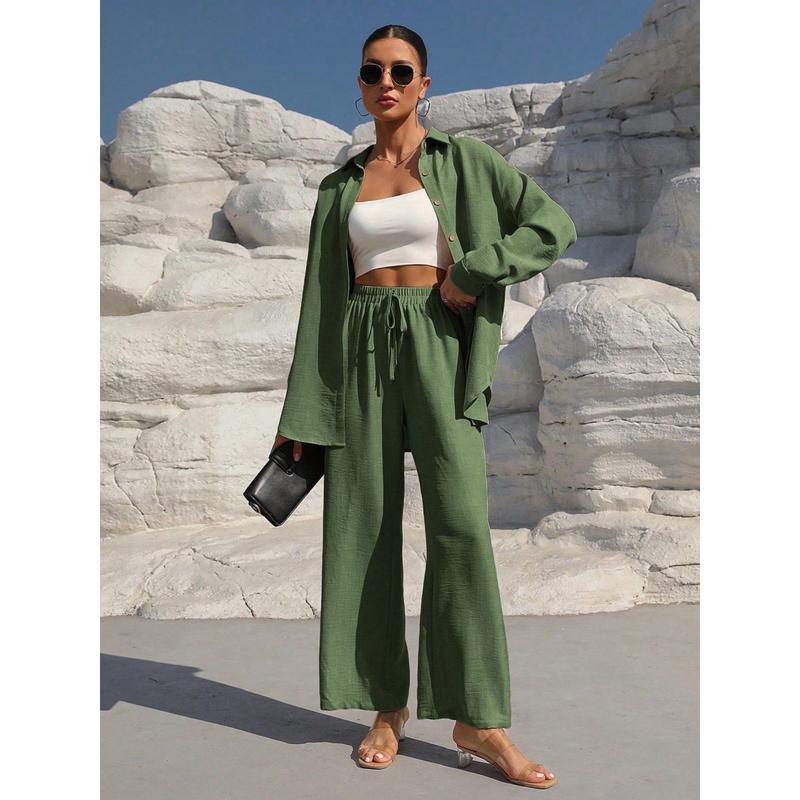 Women's Solid Button Front Shirt & Tie Front Wide Leg Pants Two-piece Set, Casual Drop Shoulder Long Sleeve Blouse Top & Trousers 2 Piece Set for Spring & Fall, Women's Clothes for Daily Wear Womenswear Suits Apricot Basic Minimalist