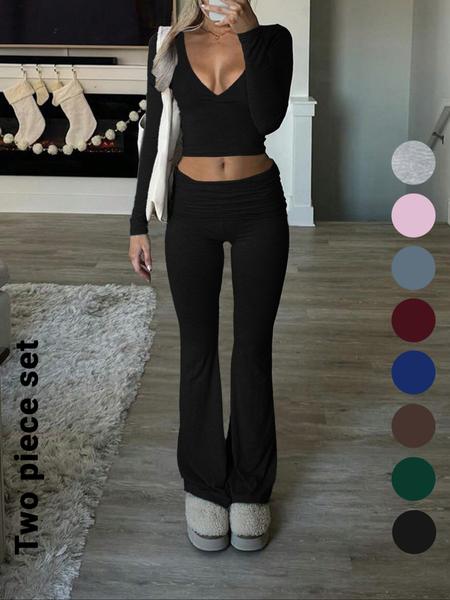 Elegant Casual V-Neck Long Sleeve Two-Piece Set, Slim-Fit Crop Top & Pants for Fall Winter, Moderate Fabric, Plain Color Design