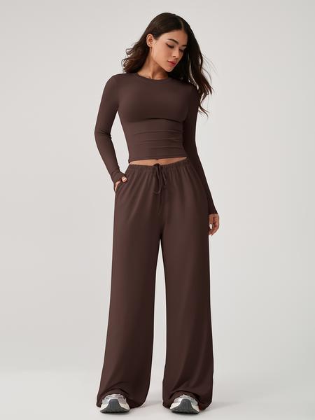 Two Piece Set Women's Home Clothing Set Soft and Skin Friendly Long Sleeved T-shirt Loose and Wide Leg Pants with Adjustable Drawstring Daily Leisure Travel Airport Travel Home Wear Women's Pajamas Set, Womenswear